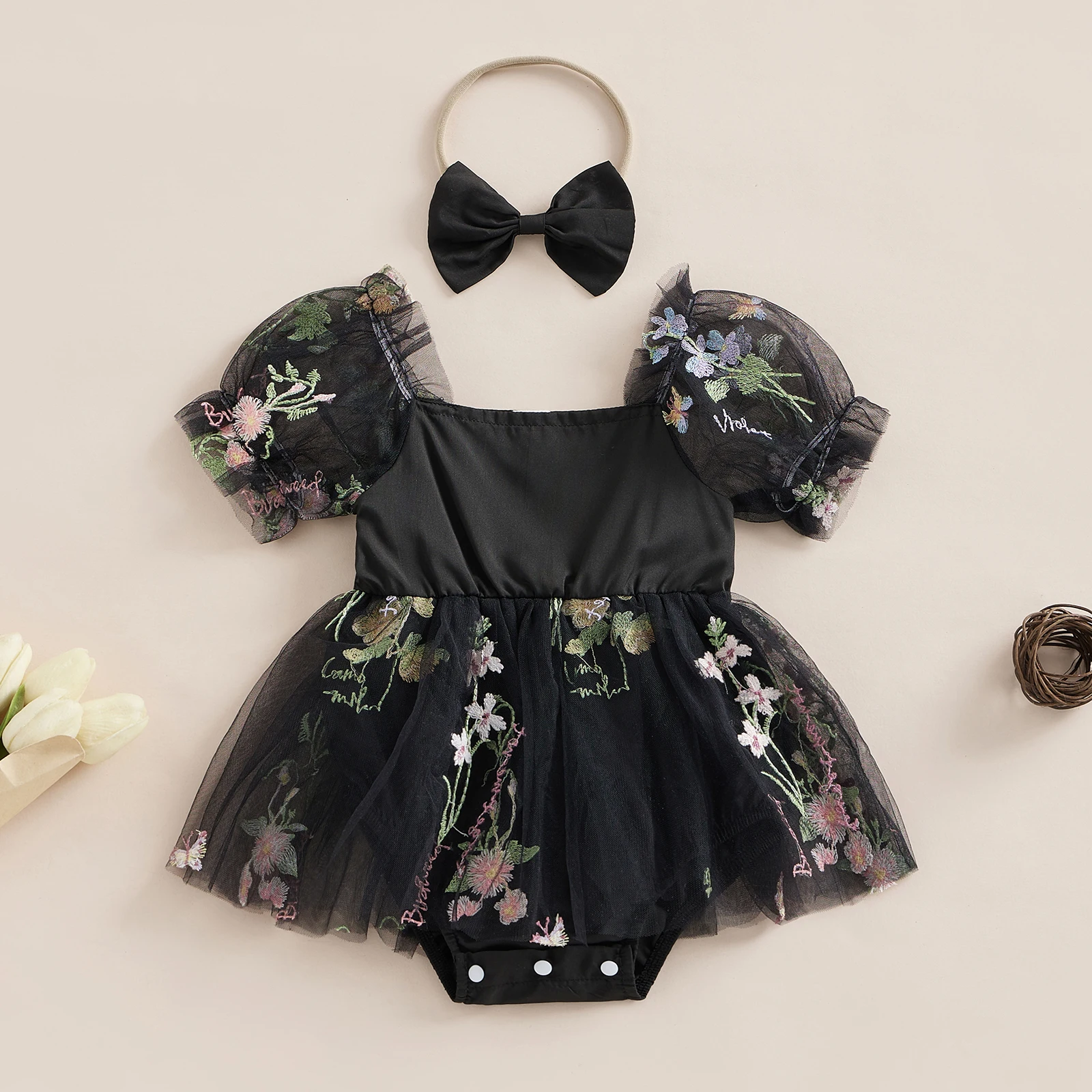 0-2 години Бебе момичета гащеризон рокля къс бутер ръкав флорални окото пачуърк игра с лента за глава 2023 ново бебе лятно облекло