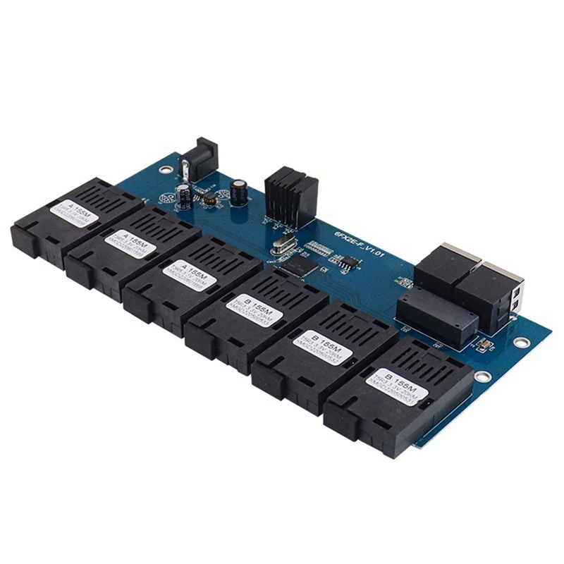 10 / 100M Едномодов превключвател за оптични носители Оптичен медиен конвертор PCBA 6X155M Fiber порт 2 RJ45 порт 20KM SC бърз Ethernet превключвател
