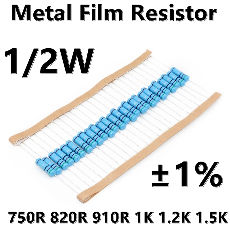  (100pcs) 1 / 2W метален филм резистор 1% пет цветен пръстен прецизен резистор 750R 820R 910R 1K 1.2K 1.5K
