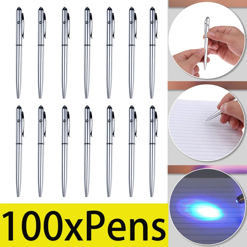 100Pcs 2-в-1 невидим UV светеща писалка мастило безопасен ръкопис тайна писалка с UV пластмасова химикалка