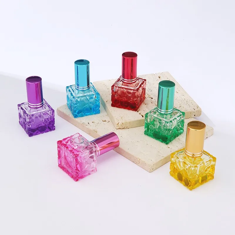 10ml куб цвят парфюм бутилка стъкло празен спрей бутилка проба флакони козметична течност за многократна употреба пулверизатор капка доставка