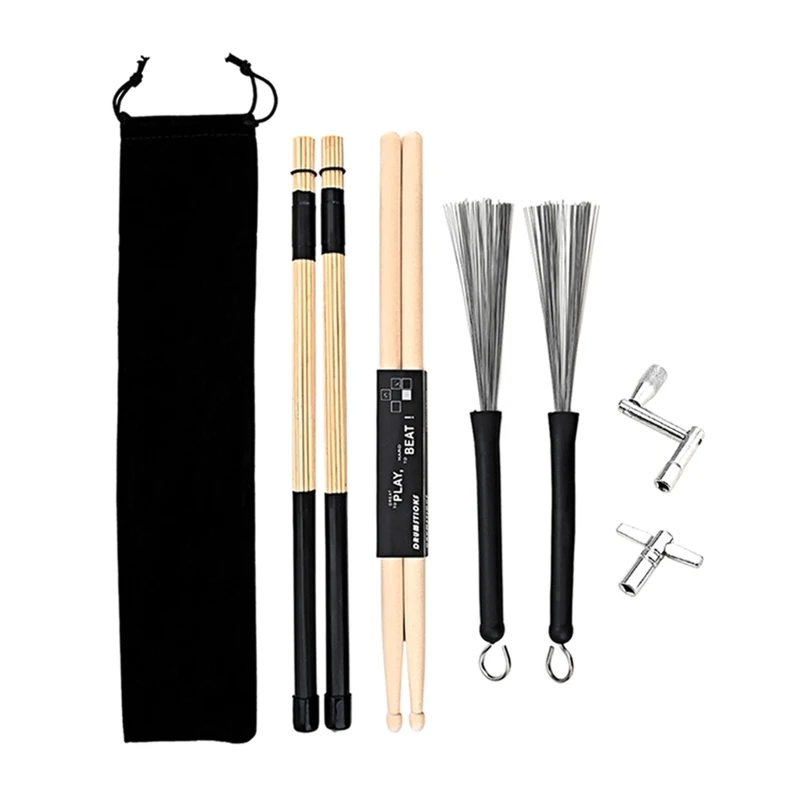 11UE Maple Drumsticks Set включва 1 чифт прибиращи се четки за барабанна тел, 1 чифт четки за барабани 2 бр. Барабан за ключ издръжлив