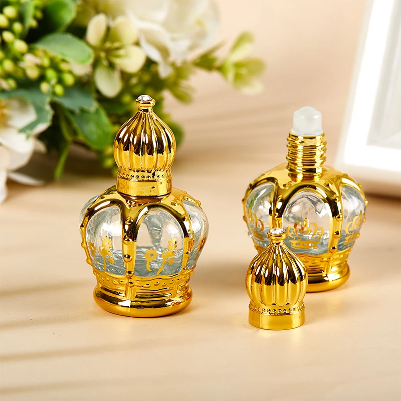 15ml етерично масло ролкова бутилка злато корона форма парфюм бутилиране преносими пътуване галванично издълбани стъкло празна бутилка