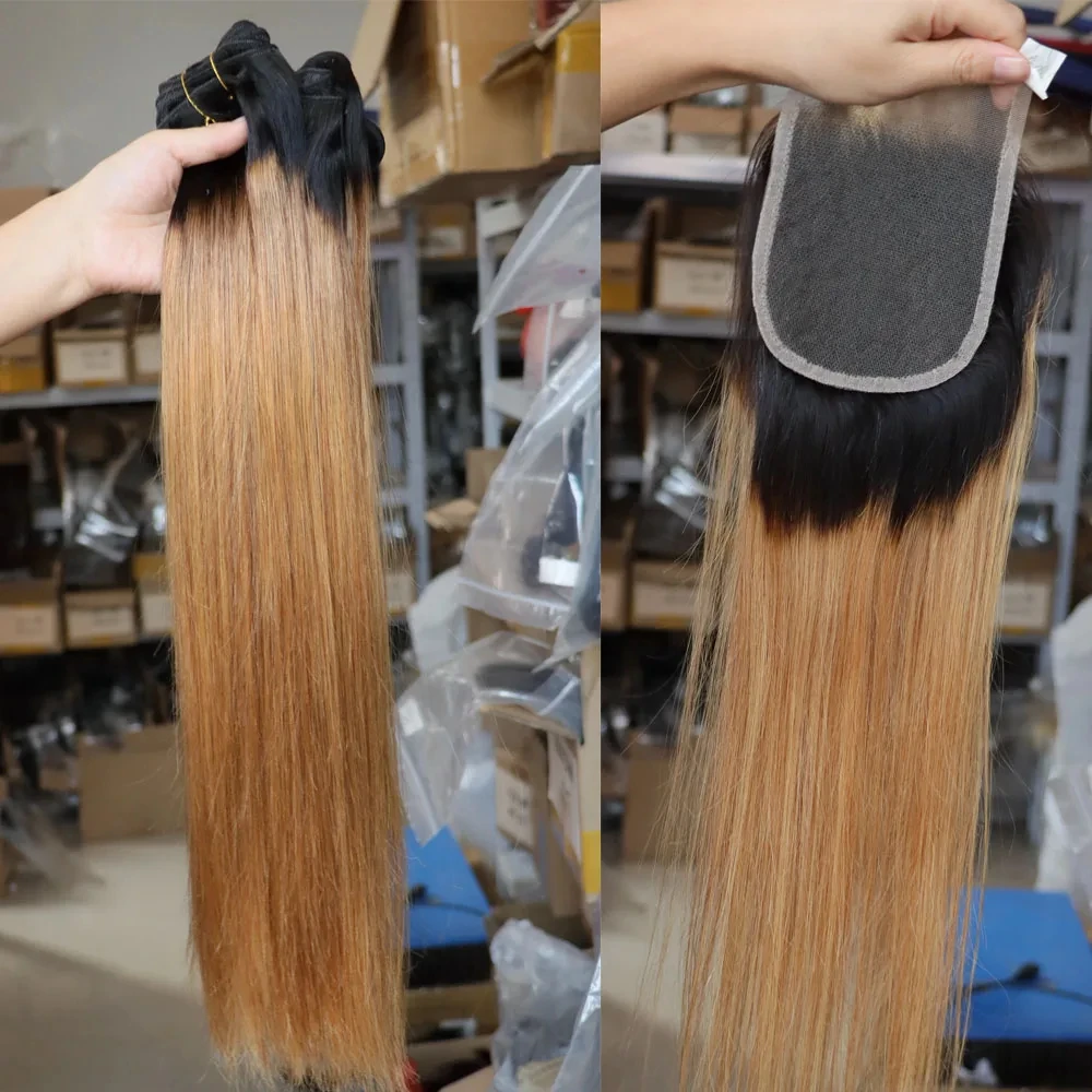 1b/27 Ombre блондинка коприна прав пакет с 4x4 дантела затваряне коса бразилски човешка коса 2/3 пакети с дантела затваряне вътък тъкат