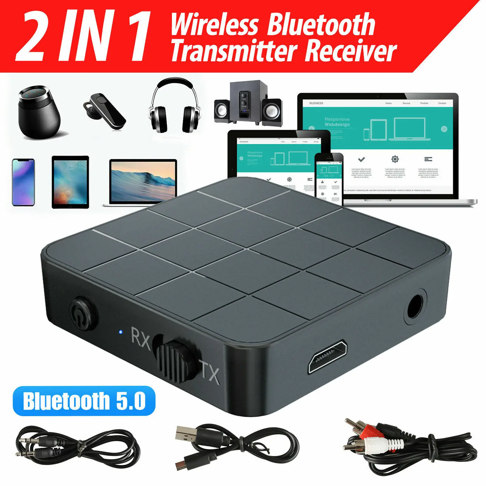 2 IN 1 Bluetooth 5.0 аудио приемник предавател музика стерео безжичен адаптер с RCA 3.5MM AUX жак за кола TV PC високоговорител