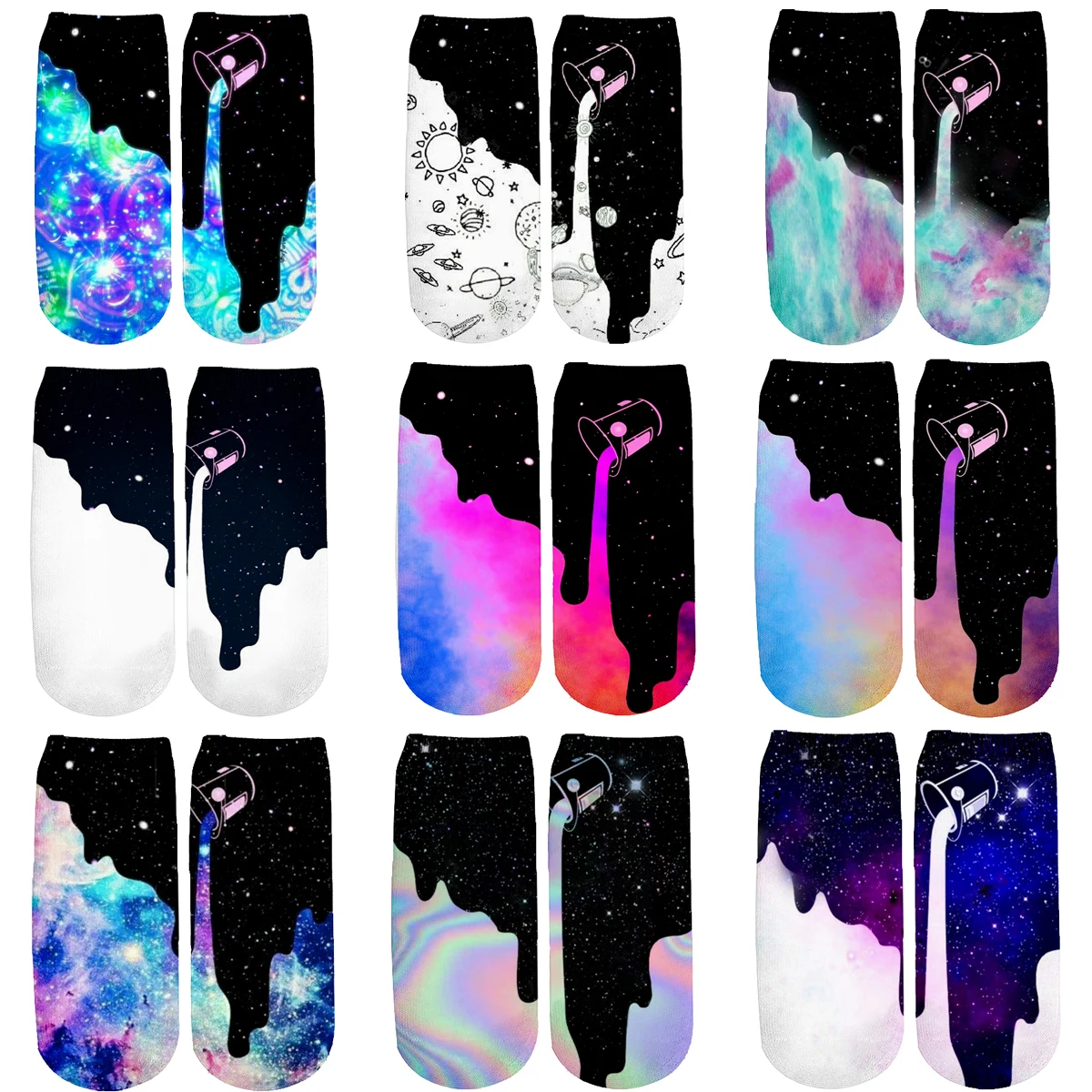2021 Нова марка чорапи Пространство Наливане на мляко 3D навсякъде отпечатани Сладки памучни къси чорапи до глезена за жени дами Ежедневни Къси чорапи