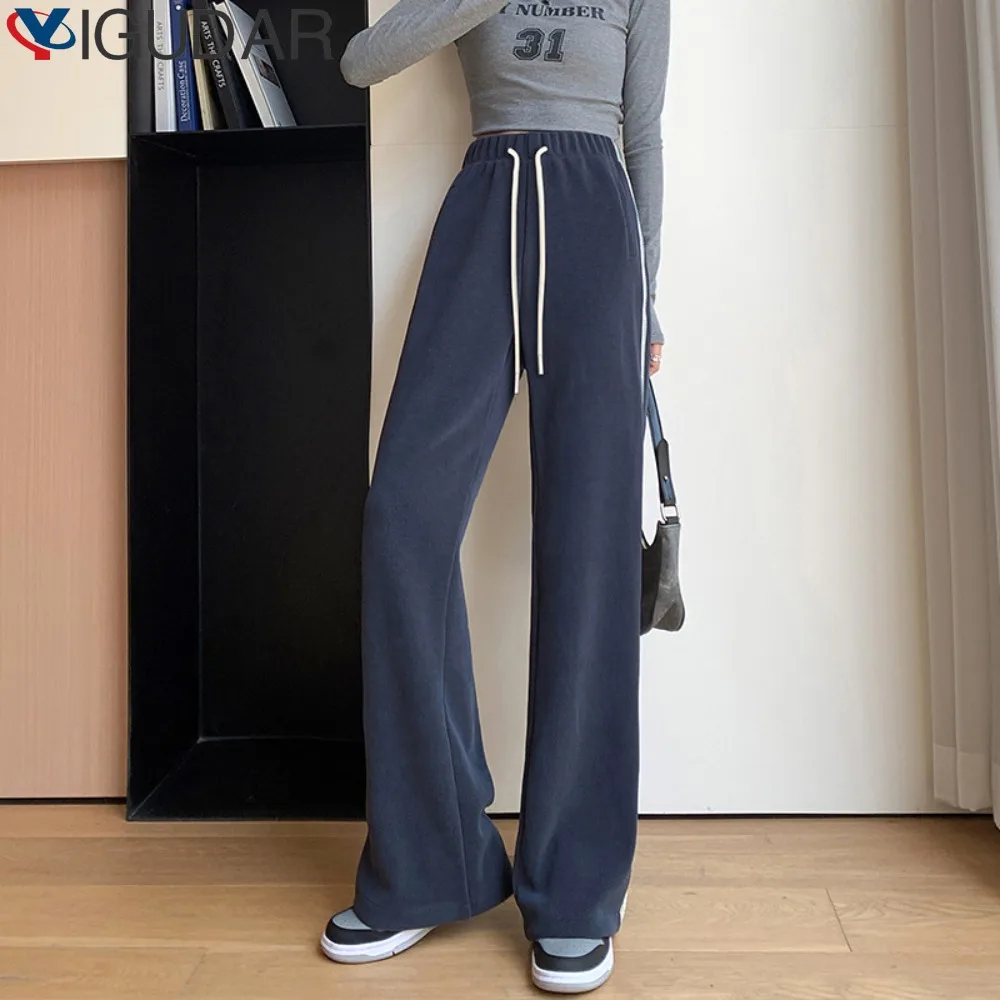 2023 Есен/Зима Нова корейска мода широк крак панталони жени хлабав случайни райета висока талия ластик джоб прави панталони