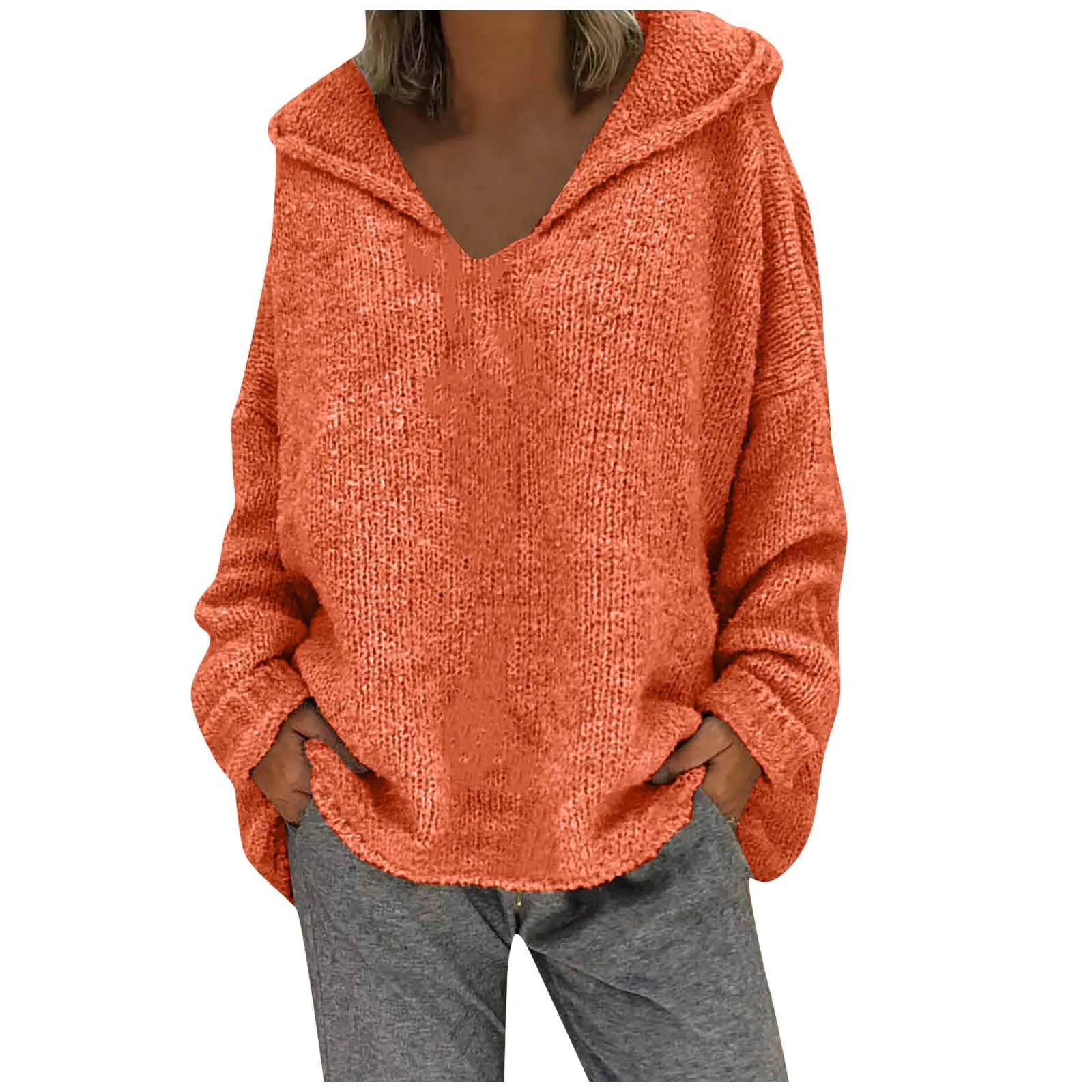 2023 Зимен пуловер Нов качулка удебелени плетени качулки Жените хлабав качулка пуловер върхове хлабав твърд пуловер външно облекло
