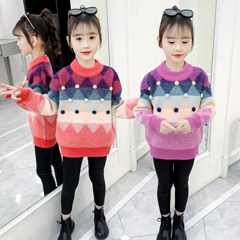 2023 Корейски пролет есен деца момиче плетен пуловер елементарно момиче плетен пуловер плетен пуловер младши момиче облекло