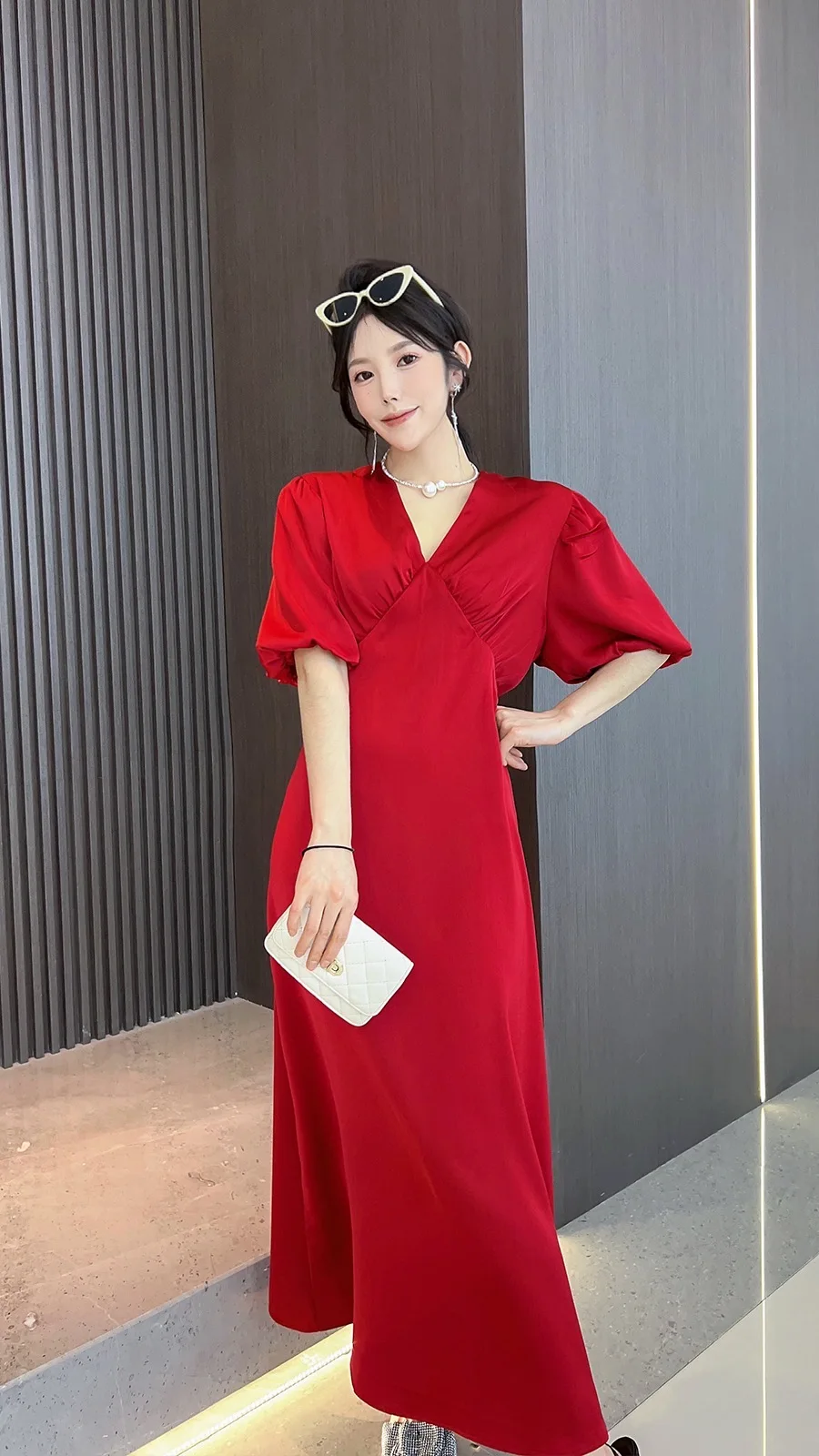 2023 Лятна елегантна женска сватбена рокля корейска мода къс ръкав v-образно деколте висока талия реколта пуловер рокля жените 3XL-6XL
