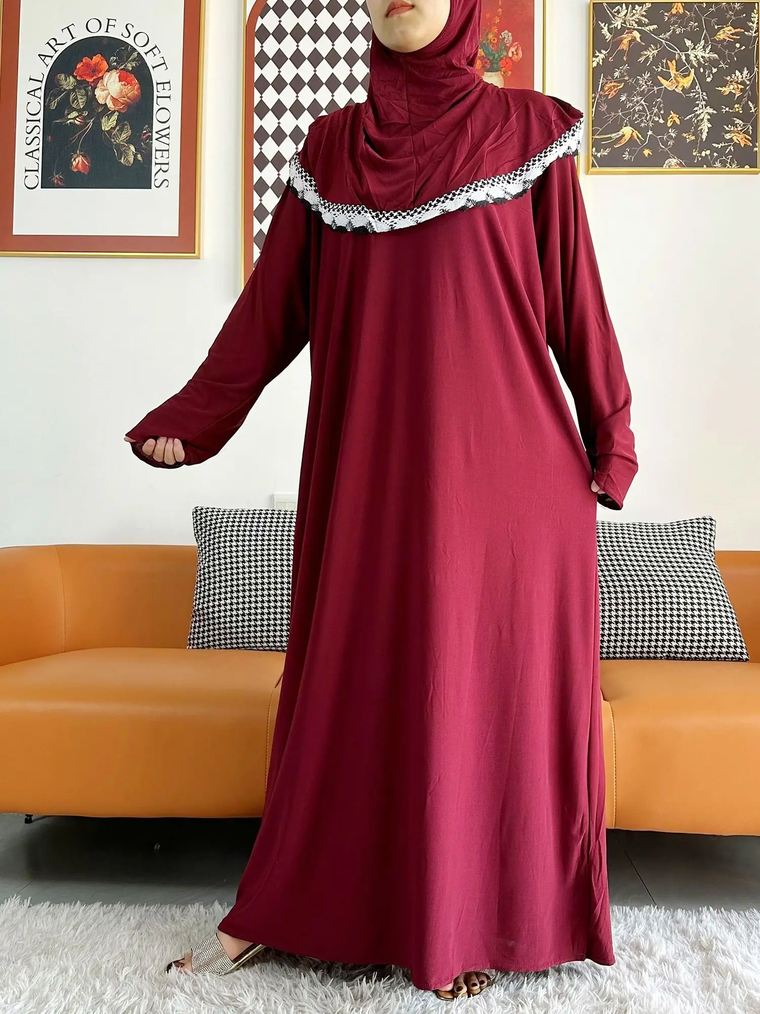 2023 Мюсюлмански твърд памук Abaya за жени Рамадан молитвена дреха съвместна шапка Дубай Турция Близкия изток Femme роба флорални хлабав рокля
