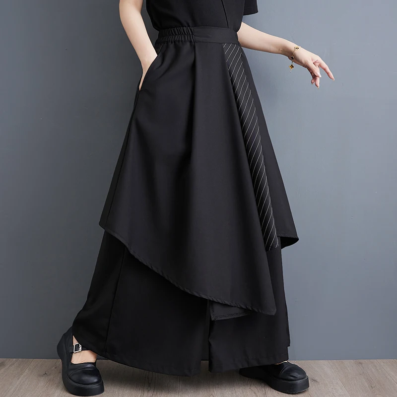 2023 Нов японски стил тъмно черно Patchworl къдрици висока талия хлабав лято широк крак панталони кюлоти мода жени ежедневни панталони