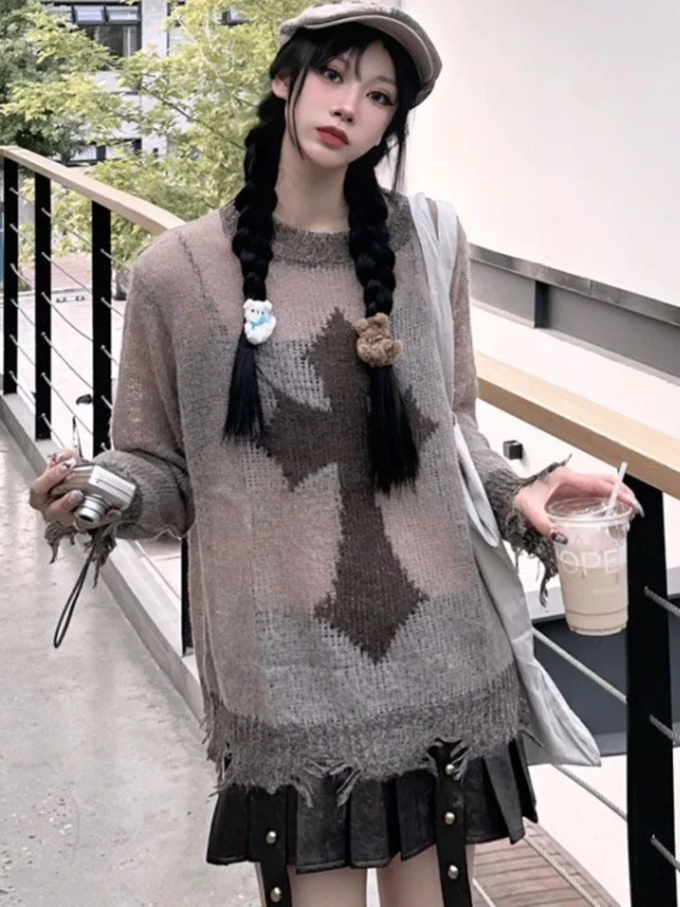 2024 Есенен контрастен цвят плетени Y2k пуловер корейски случайни хлабав кръст печат пуловери гръндж реколта жени Harajuku джъмпери