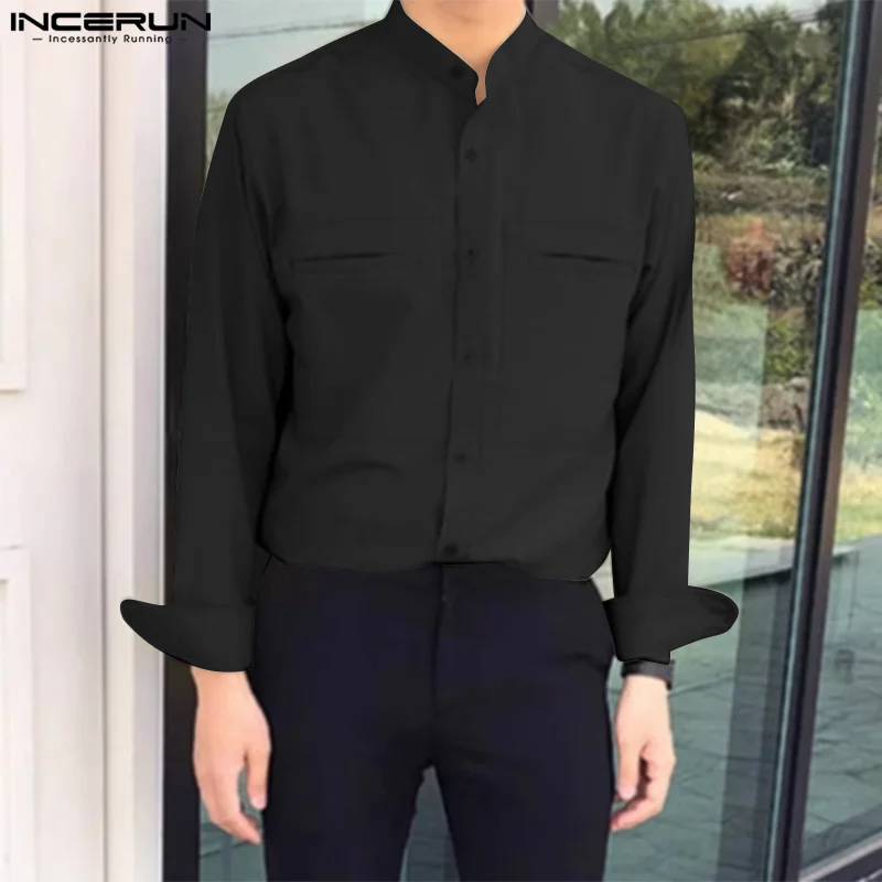 2024 Мъжка риза плътен цвят стойка яка дълъг ръкав мъжки дрехи пролет бутон корейски улично облекло джобове модни ризи INCERUN