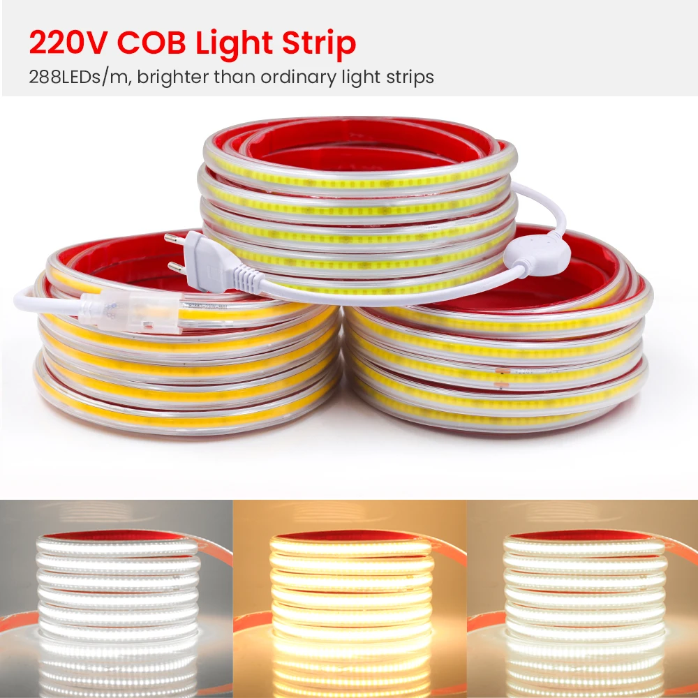 220V COB LED лентови светлини CRI RA90 288LEDs/m Водоустойчива LED лента EU Plug Гъвкава външна лампа Кухня Декорация на домашна стая