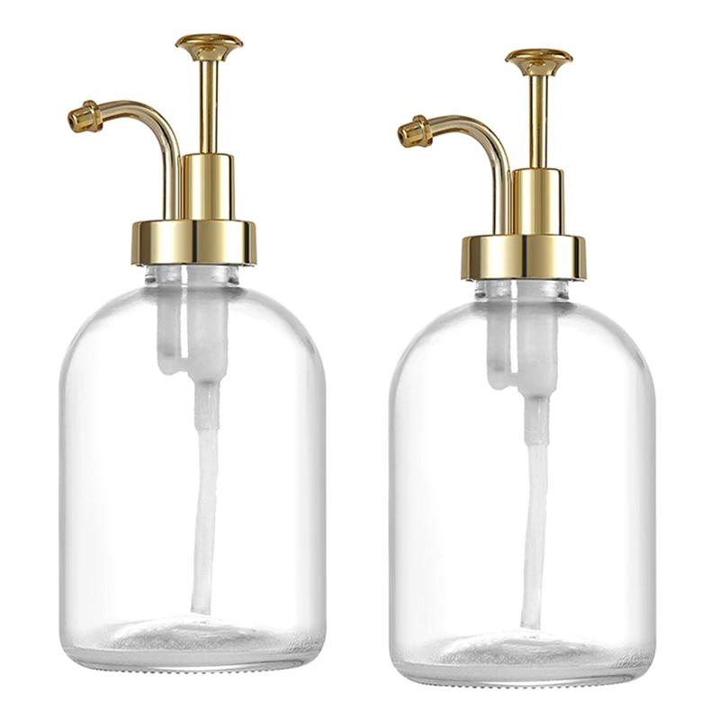 2Pcs дебели прозрачни стъклени буркани Дозатор за сапун с помпа Кръгли бутилки Дозатор с неръждаема помпа Дозатори за сапун за чинии