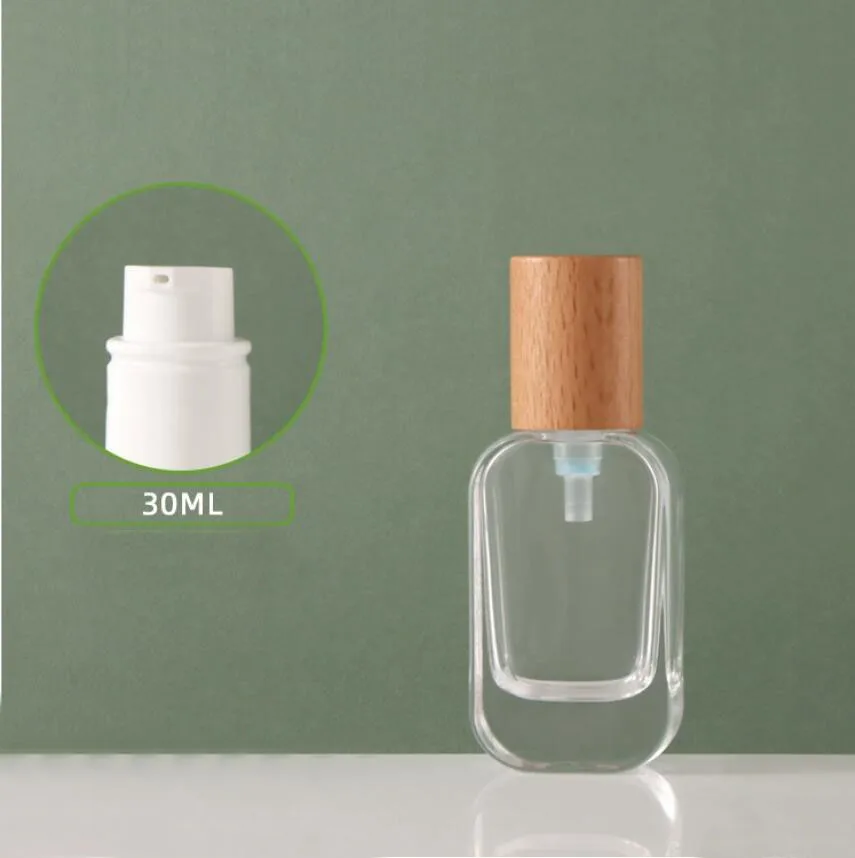 30ml прозрачна стъклена бутилка дървен капак серум / лосион / емулсия / фон дьо тен / същност тоалетна тонер вода грижа за кожата козметична опаковка