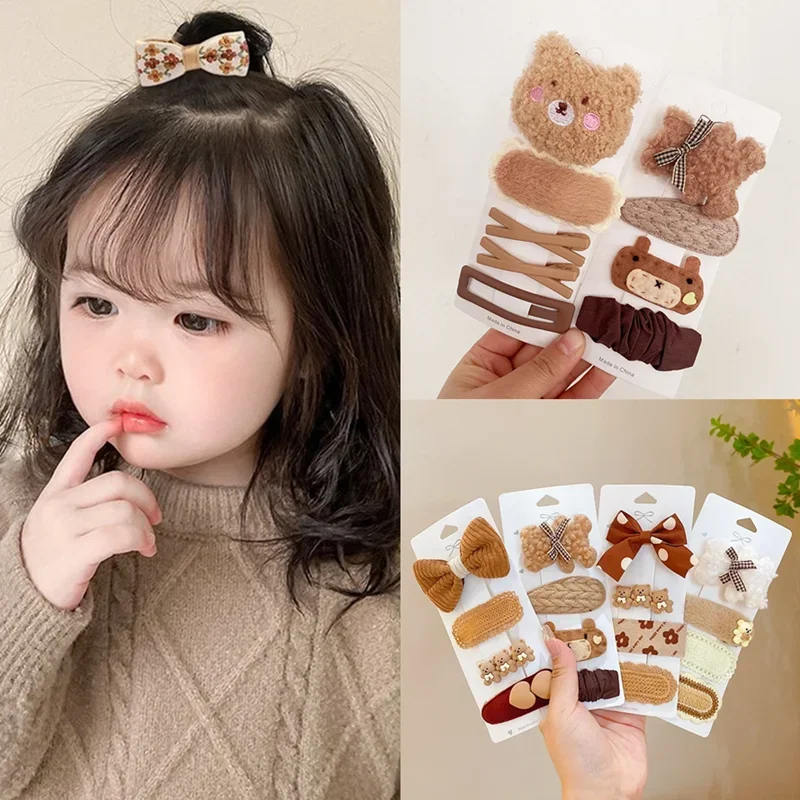 4бр/комплект Зимна вълна Детски щипки за коса Млечен чай Кафяви лъкове Цвете Корейска мода BB клип момичета малки деца аксесоари за коса