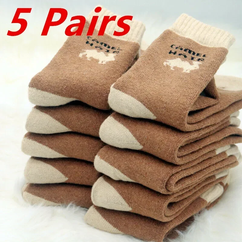 5 чифта Лот Зимни мъжки чорапи от мериносова вълна супер дебели топли камили Harajuku ретро сняг случайни антифриз кашмир чорапи жени