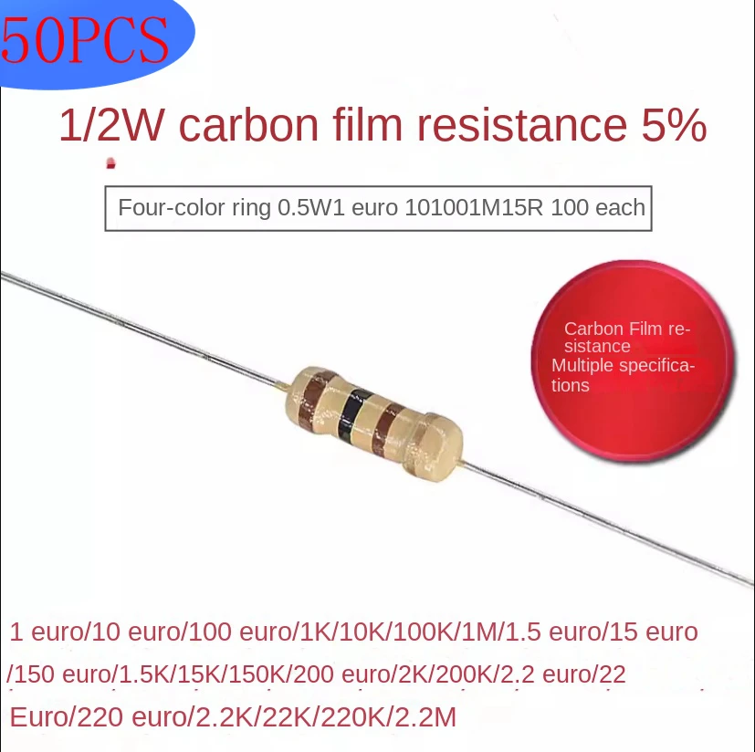 {50PCS} 1/2W въглероден филм резистор 5% 0.5W 1R ома 10R 100R 1K 1M 1.5R 15R 150R 15K 200R 2K 200K 2.2R 2R2 22R 220R 2.2M 220K 22K 22K