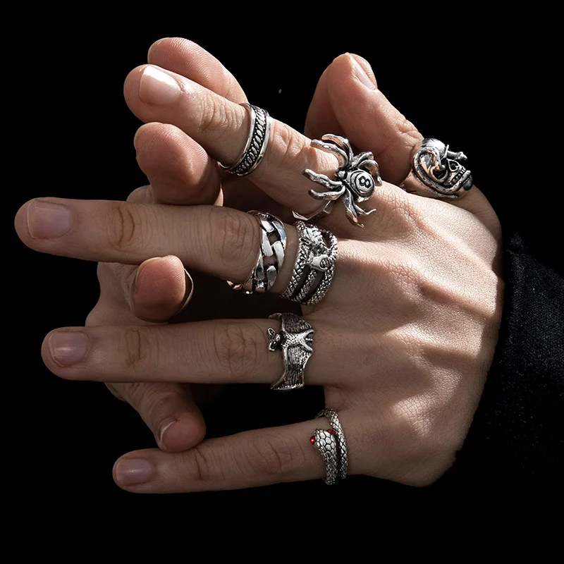 7 бр. Пънк мъжки паяк пръстени изявление готически хип поп байкър пръст бижута прилеп змия готин стил подаръци за мъже момчета гадже BF