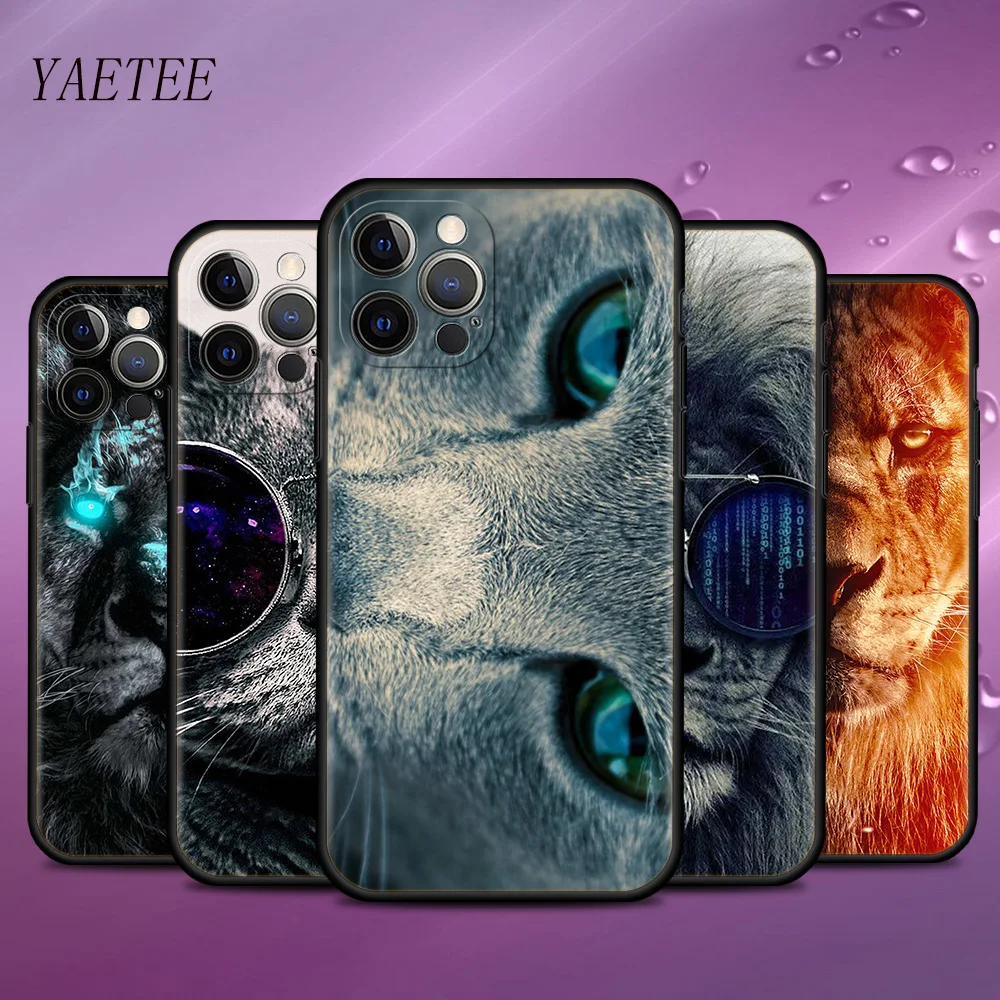 Animal Cat Lion Cool калъф за Apple iPhone 13 12 Mini 7 8 11 Pro Max X XS XR 6 6S Plus SE 2020 Soft Phone Coque Black Shell