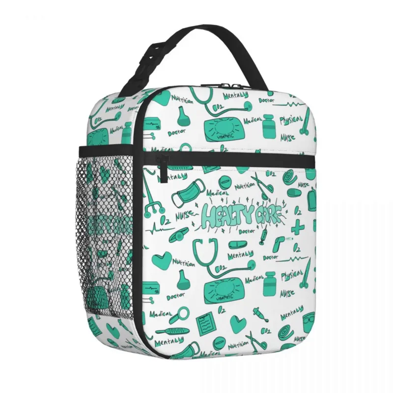 Doodle изкуство с грижа и медицина изолирани чанти за обяд с висок капацитет охладител чанта голяма пазарска кутия за обяд плаж пикник мъже жени