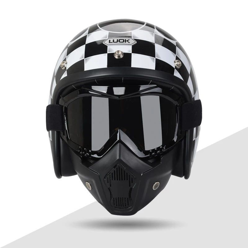 Dot Черно бяло каре Мотоциклетна каска с отворено лице за възрастни 3/4 Круизна каска Vespa с маска за очила Черна периферия като FreeGift
