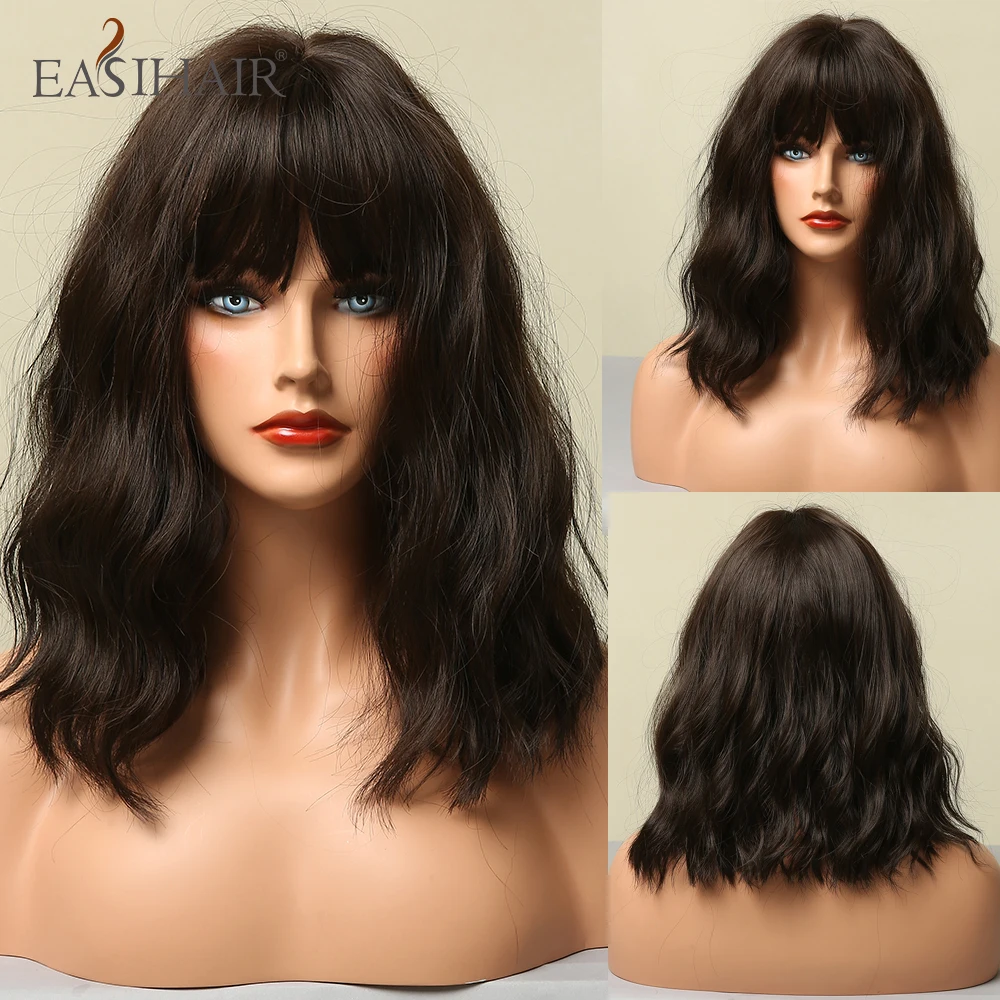 EASIHAIR тъмнокафяви синтетични перуки къси вълнообразни боб перуки с бретон за жени Daily Cosplay естествена коса перука топлоустойчиви влакна
