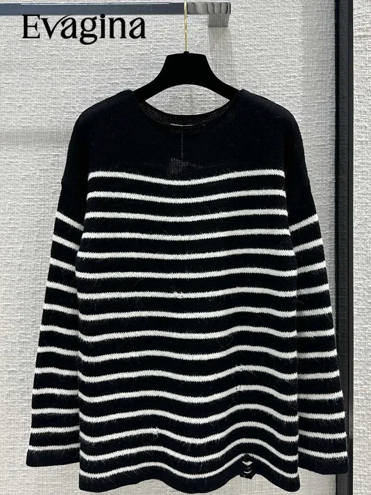 Evagina есенна писта мода шарени модел дълъг стил пуловери жените O-образно деколте хлабав дълъг ръкав плетене пуловери