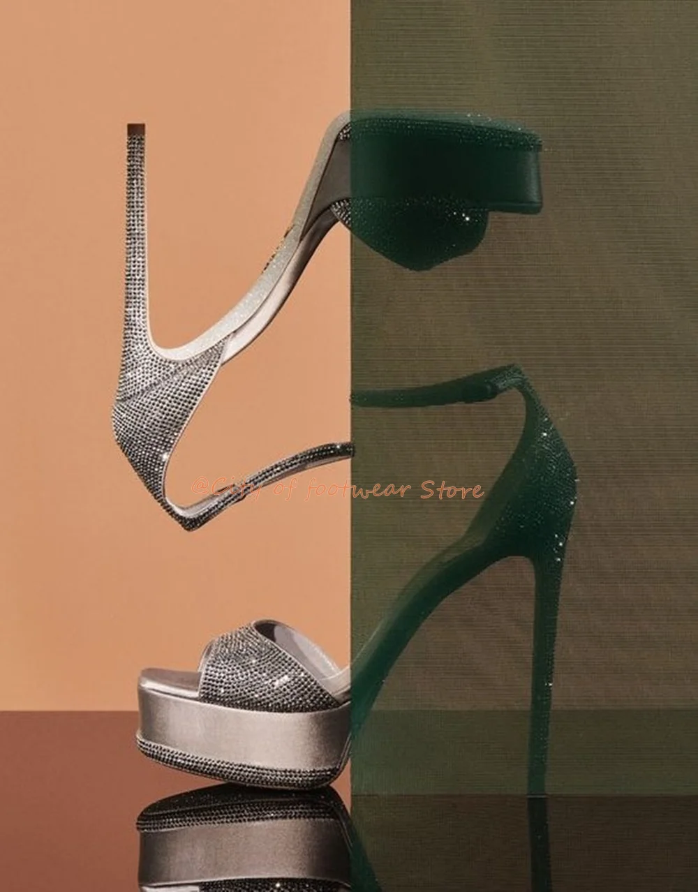 Glitter Sliver платформа кристални сандали злато глезена каишка Peep Toe Stiletto високи токчета помпи лято луксозен дизайнерски парти обувки