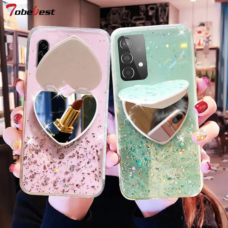 Heart Mirror Sequins Glitter калъф за телефон за Samsung Galaxy A02 A03 Core A02S A03S Coque силиконов капак