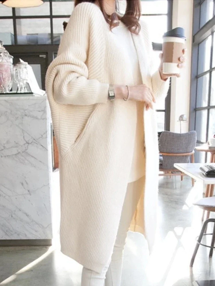 Holifeni корейска мода есен зима средна дължина пуловер палто жените плетена жилетка прилеп ръкав плътен цвят палто извънгабаритни
