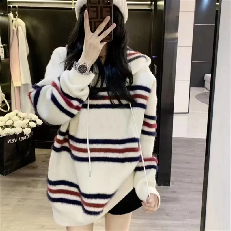 Hsa 2023 Нов сладък дамски контрастен цвят раиран пуловер с качулка 2023 Свободен ретро мек лепкав мързелив стил дълъг ръкав върховете