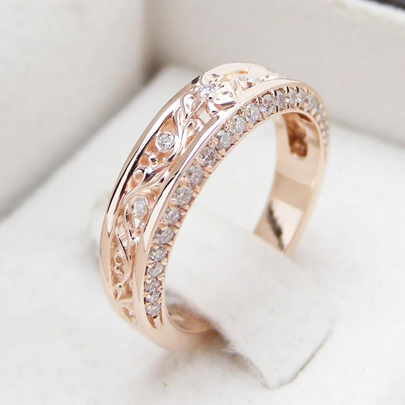 Huitan Новопроектирани сватбени пръстени в цвят розово злато за жени павирани лъскави CZ естетически цвете модел годежни ленти бижута