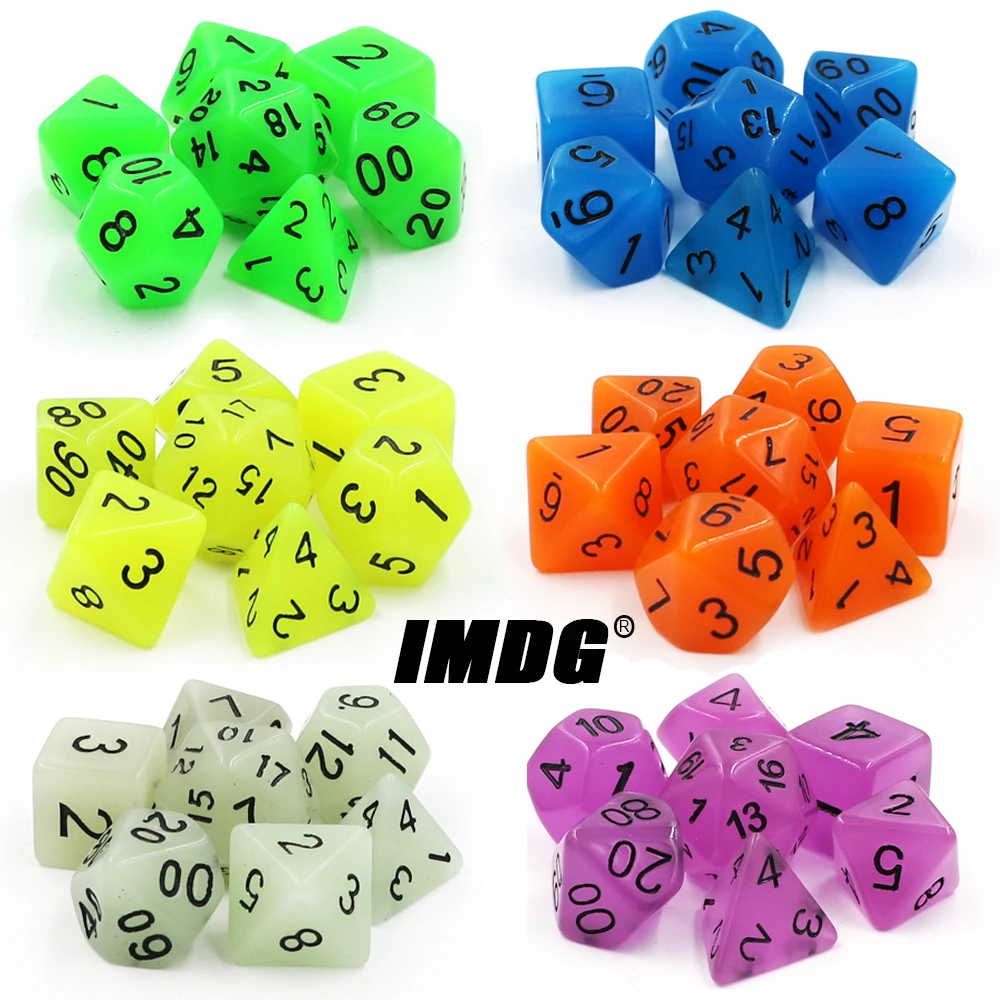IMDG 7бр / комплект Polyhedron RPG игра зарове акрилни зарове Светеща цифрова игра зарове с чанта