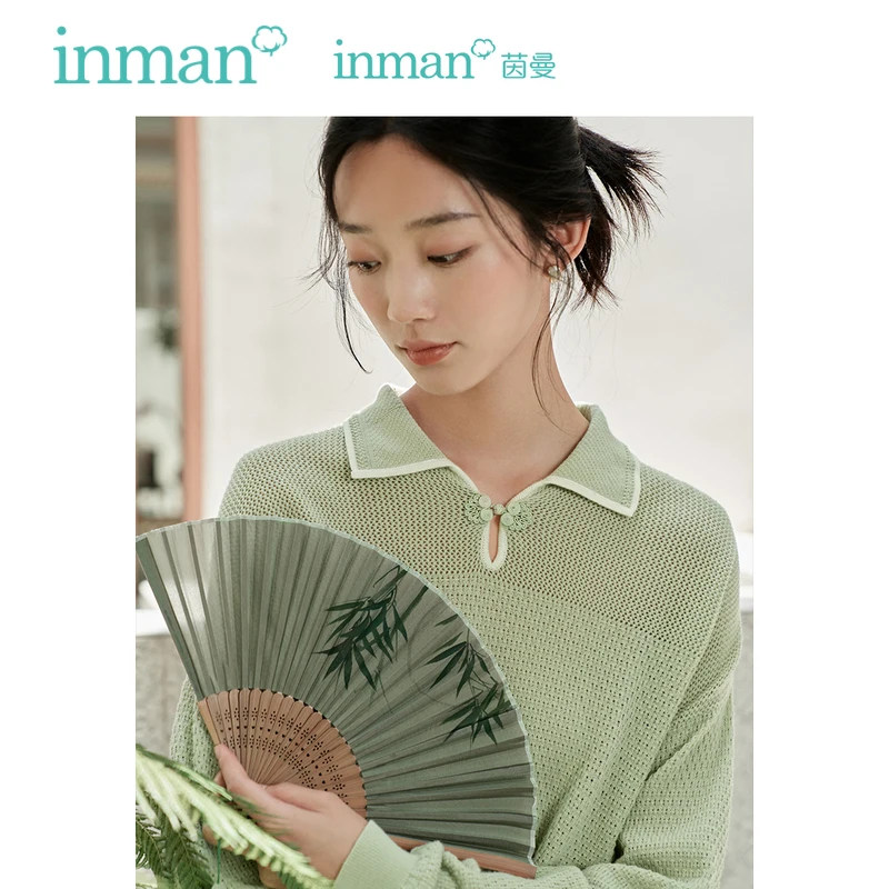 INMAN Дамски пуловер 2023 Есен дълъг ръкав поло врата хлабав трикотаж китайски стил ключалката дизайн елегантен ретро бяло зелени върхове