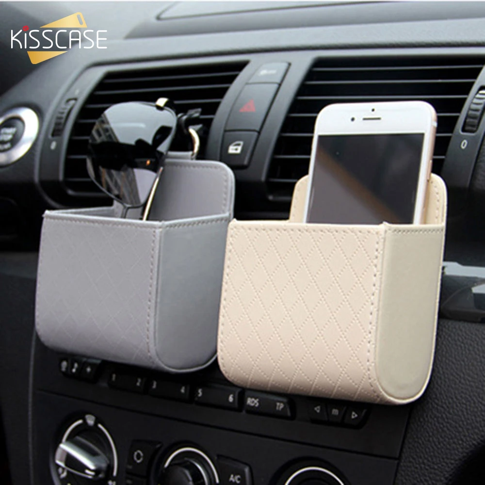 KISSCASE PU кожена чанта за iPhone 14 Xiaomi 12 случай универсална кола въздушен изход чанта за съхранение творчески съхранение кутия телефон аксесоари