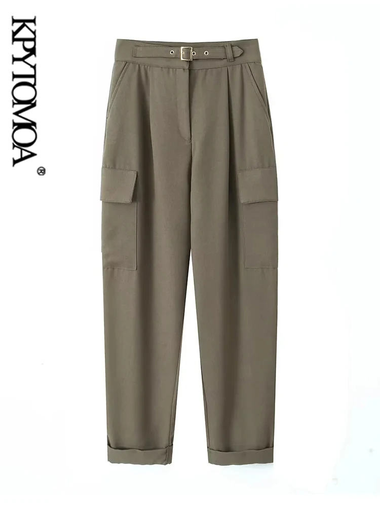 KPYTOMOA жените мода с колан странични джобове товарни панталони реколта висока талия цип полет женски панталони Mujer