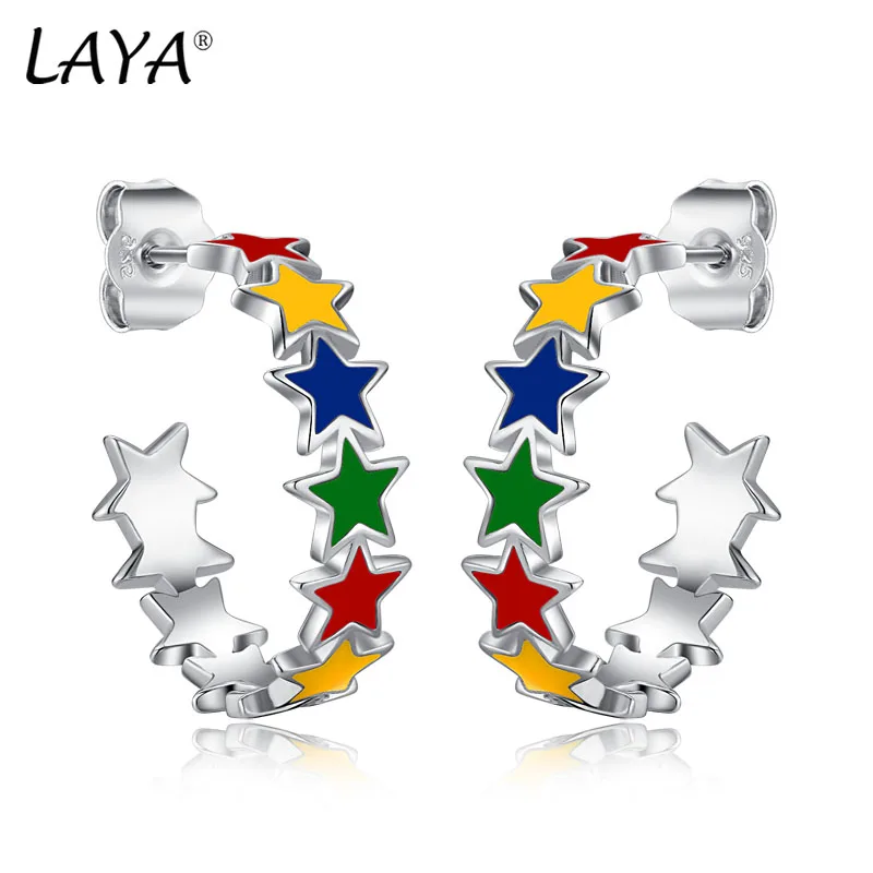 LAYA обеци с обръч за жени звезда форма ръчно изработени цветен емайл 100% 925 стерлинги сребро пиърсинг ухото оригинални фини бижута