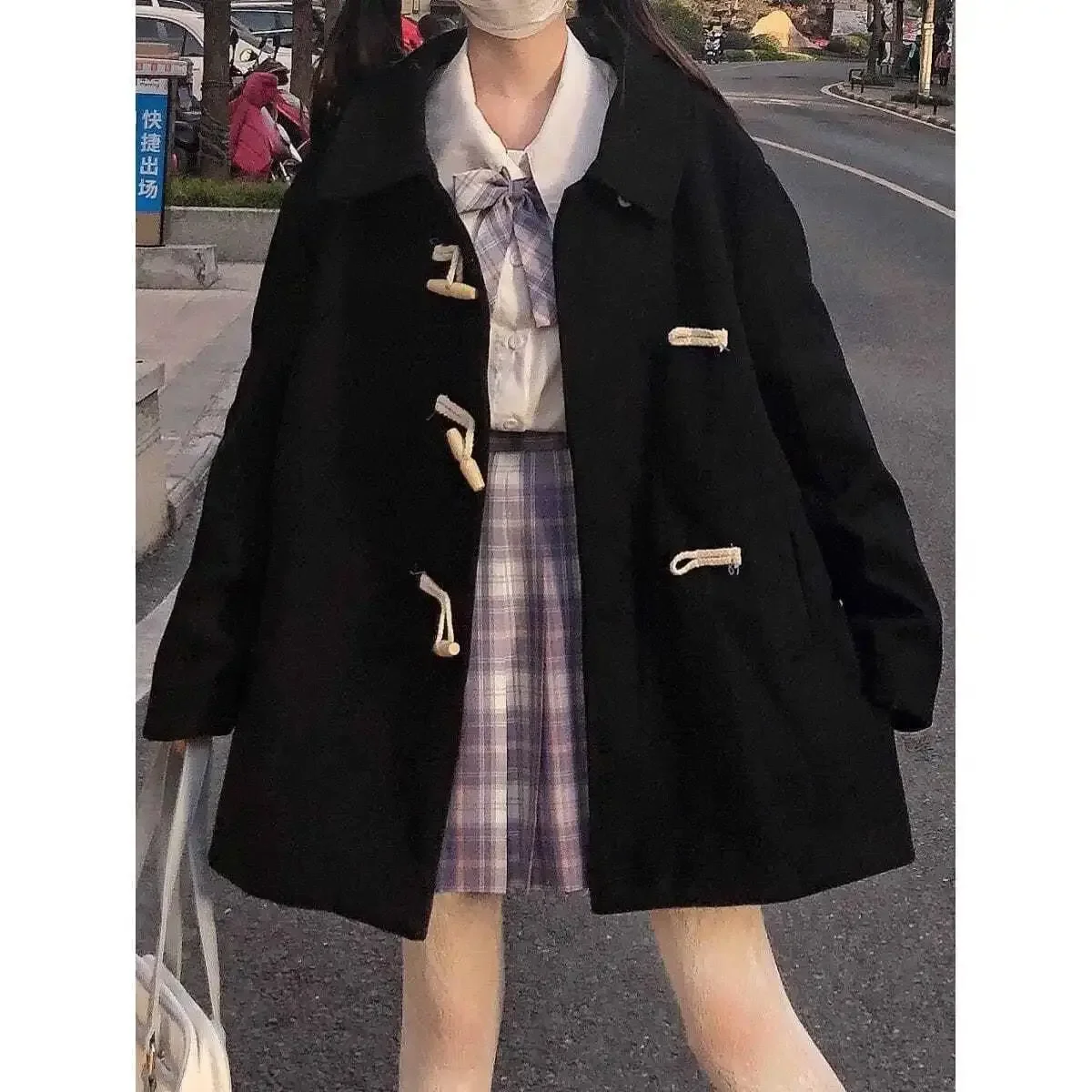 Loose рог бутон вълна смес палто японски стил еднореден завой надолу яка палто дълъг ръкав Preppy стил връхни дрехи