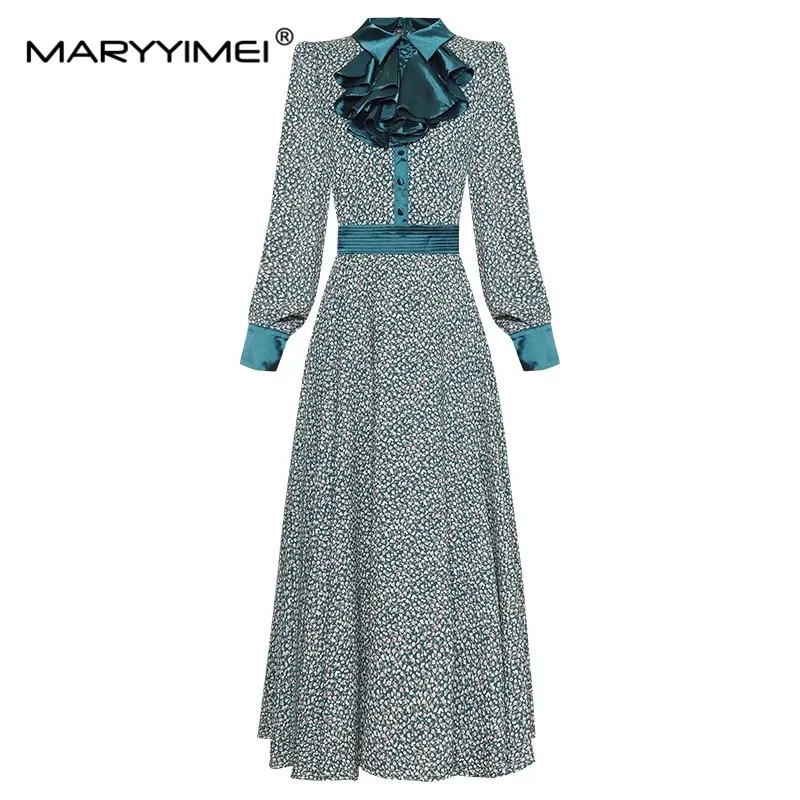 MARYYIMEI Есен Дамска модна рокля Дълъг ръкав Ruffle Slim Елегантен флорален печат Рокли със средна дължина