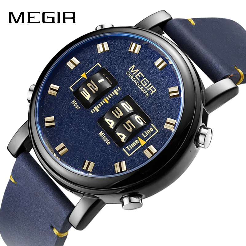 MEGIR Мъжки часовници Топ марка луксозна кожа кварцов часовник мода превъртане колело време дизайн спортен ръчен часовник Relogio Masculino