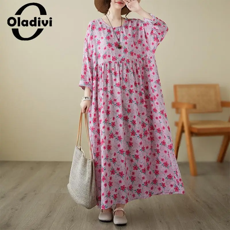 Oladivi Моден цветен печат голям размер дълъг ръкав жени извънгабаритни рокля 2023 пролет есен бохемски дълги рокли туника халат 5018