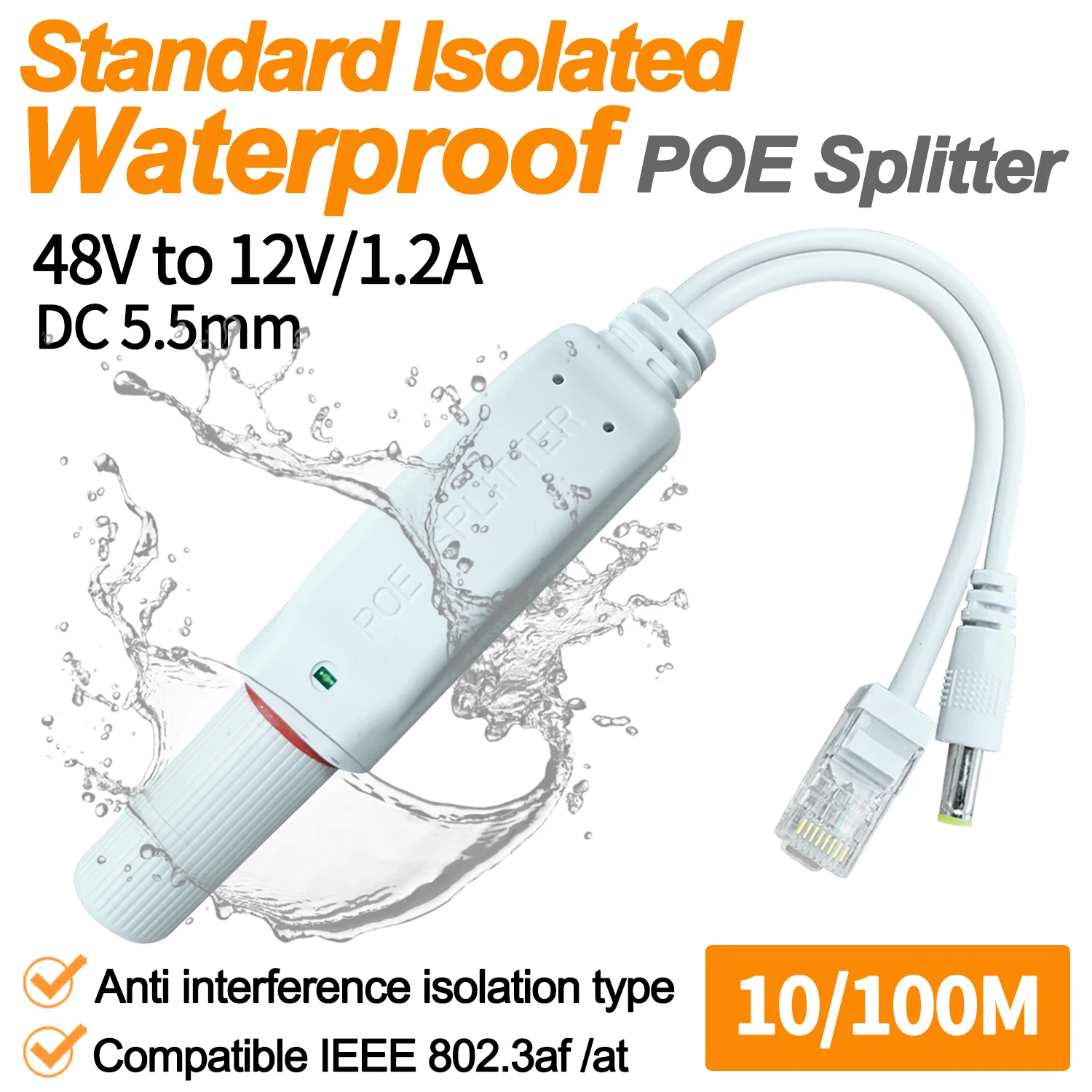 POE сплитер адаптер активен адаптивен сепаратор кабел захранващ модул инжектор изолация водоустойчив 48V до 12V DC 1.2A