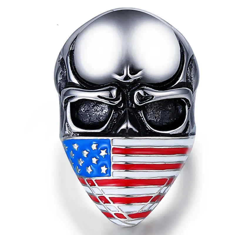 Punk Rock Titanium Steel American Flag Mask Skull Rings for Men Jewelry Size 7-13