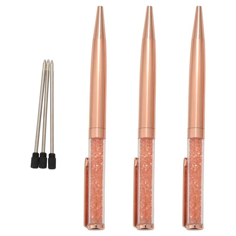 Rose Gold Pen Bling Crystal Ball Point Pen Black Ink Pen With 3 Extra Refills (Rose Gold 3 Pack)