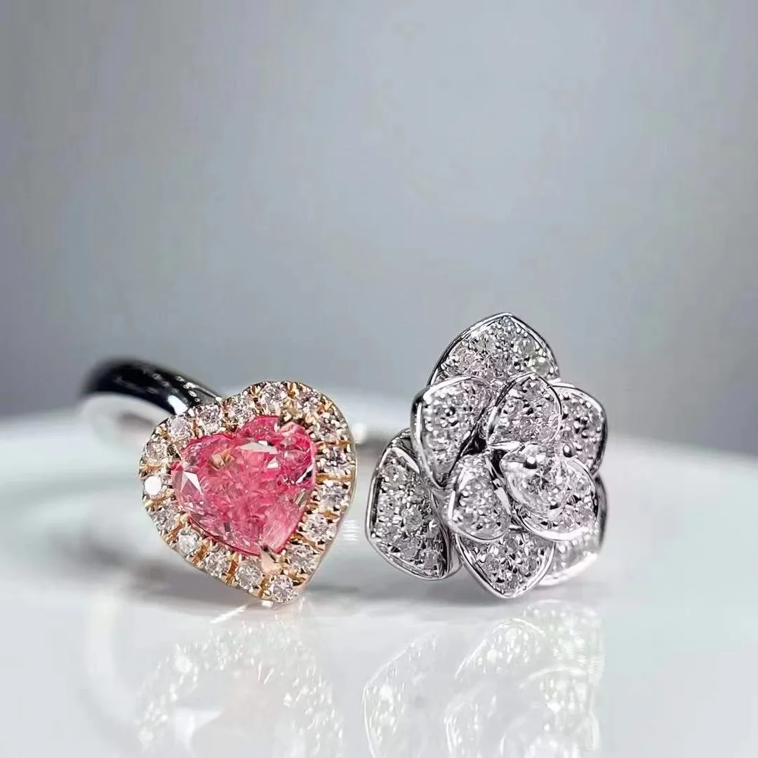 SGARIT бижута 18K бяло злато Camellia пръстен 0.507 карата розов класически сърце нарязани диамант ореол пръстен за жена годежна сватба