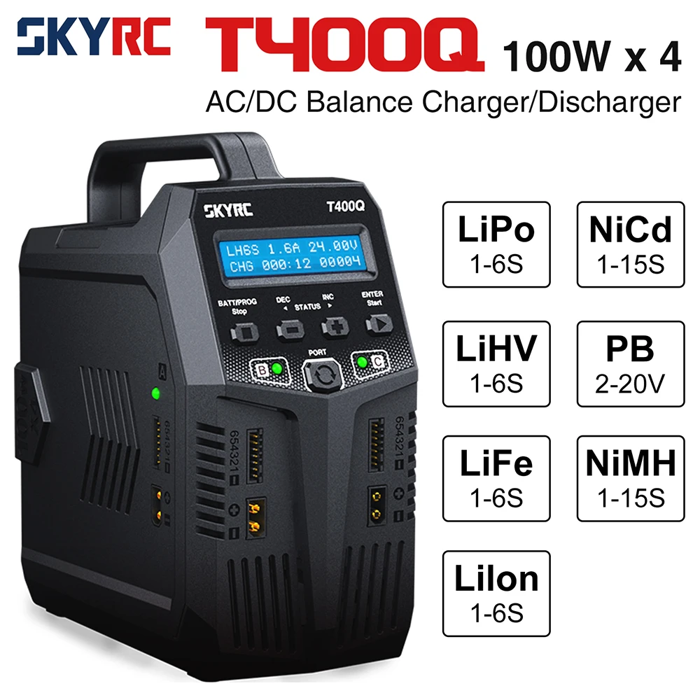 SKYRC T400Q Quattro AC / DC 4X100W 12A 1-6S 4-канално зарядно устройство за LiPo LiHV LiFe LiIon PB NiMH / NiCd батерия