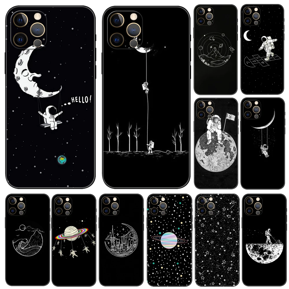 Space Moon калъф за телефон за iphone 14 2020se 6 6s 7 8 плюс x 10 XR XS 11 12 13 мини про MAX мек черен tpu заден капак